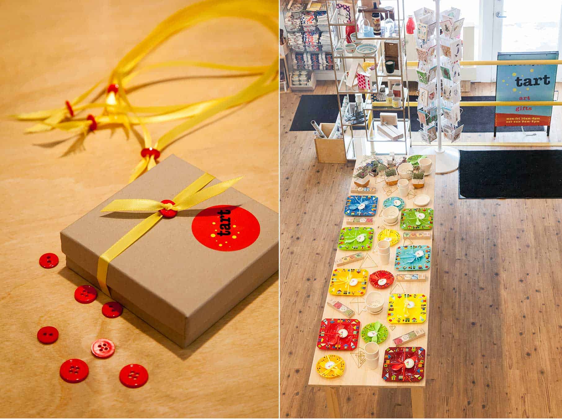 Left: Tart isn't Tart without their signature button closure gift box. Right: A bird's eye view of fused glass plates made by Serena's business partner's mother. 