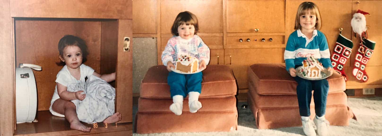Left: Lindsey Stewart playing in the state-of-the-art built in cabinets in her childhood home.  Right: Lindsey's sister, Allie (L), and Lindsey (R) posing with their gingerbread houses in front of the built in cabinets.